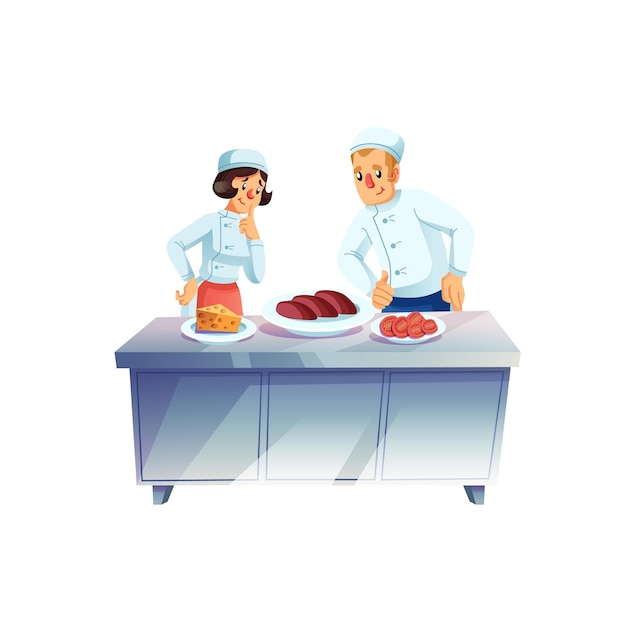 Flat cartoon characters chef assistants cooks mealchoosing ingredientsprofessional food cooking workflow vector illustration concept