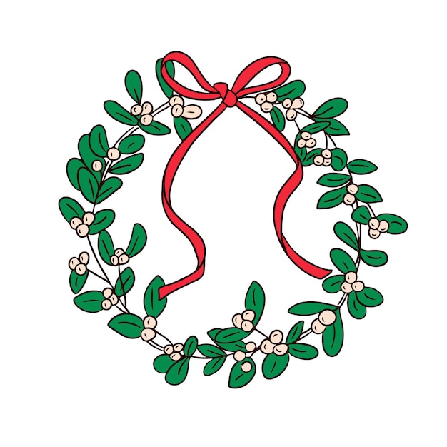 Vector flat cartoon christmas mistletoe wreath