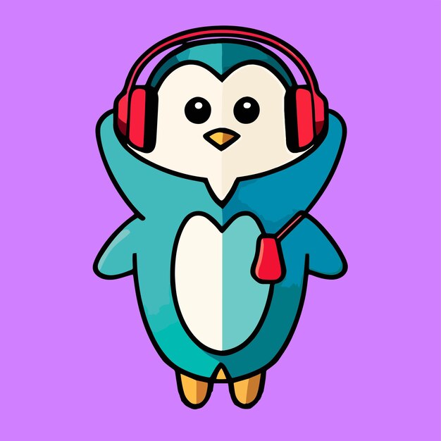 Vector flat cartoon design in a cool animal style cute mascot design for a penguin wearing a headset