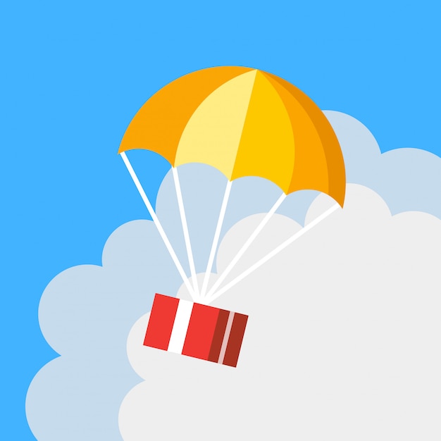 Flat cartoon gift delivery parachute vector icon