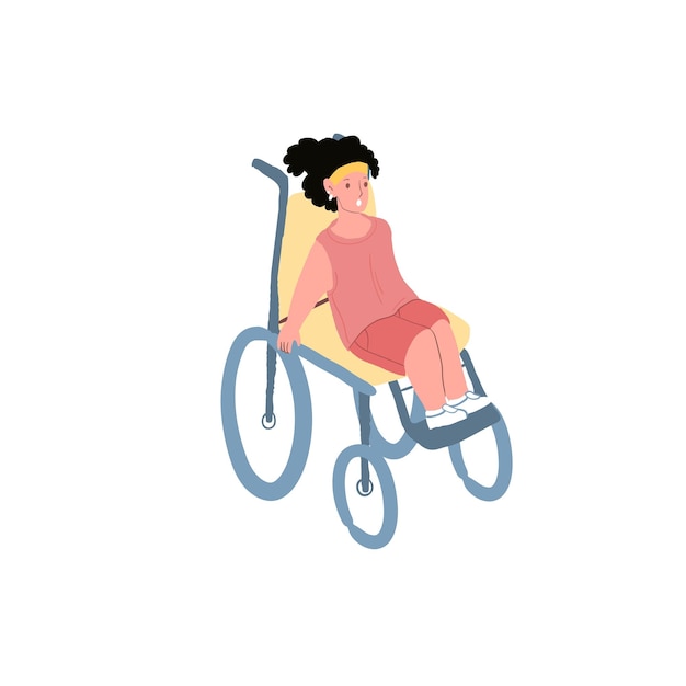 Flat cartoon girl character sits in wheelchairdisabled childrens care and supporthappy childhood vector illustration concept