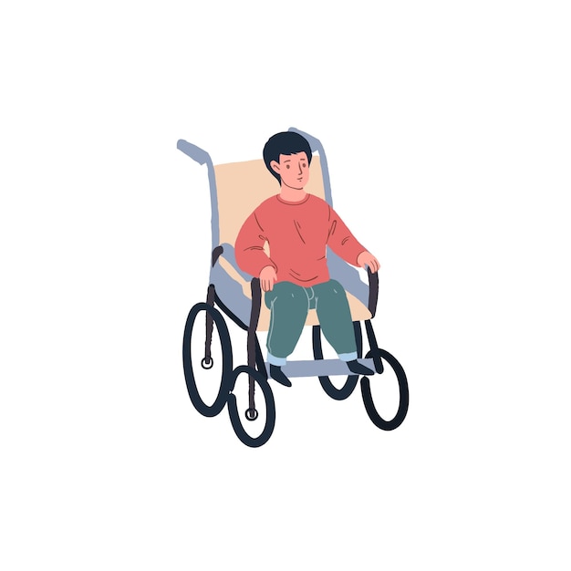 Flat cartoon kid character sits in wheelchairdisabled childrens care and supporthappy childhood vect