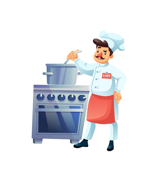 Flat cartoon man character chef cooks meal in saucepanprofessional food cooking workflow vector illustration concept