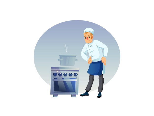 Flat cartoon man character chef cooks meal in saucepanprofessional food cooking workflow vector illustration concept