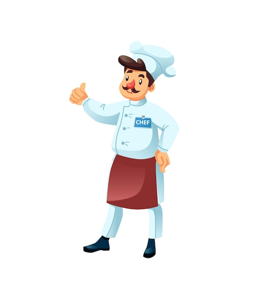 Flat cartoon man character chef at work shows thumbs up gesturerestaurant staff and professional food cooking vector illustration concept