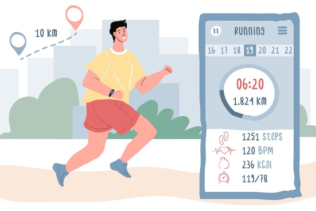 Flat cartoon man character runningsports online app use vector illustration concept