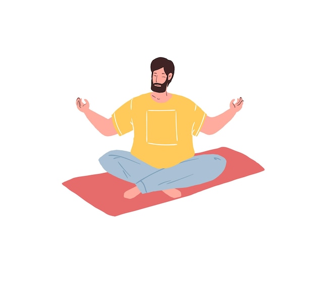 Flat cartoon man character sitting in lotus positionrelaxation exercises yoga practicing vector illustration concept