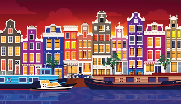 Flat cartoon multicolor colorful historic buildings city town Amsterdam panorama Holland. Vector illustration.