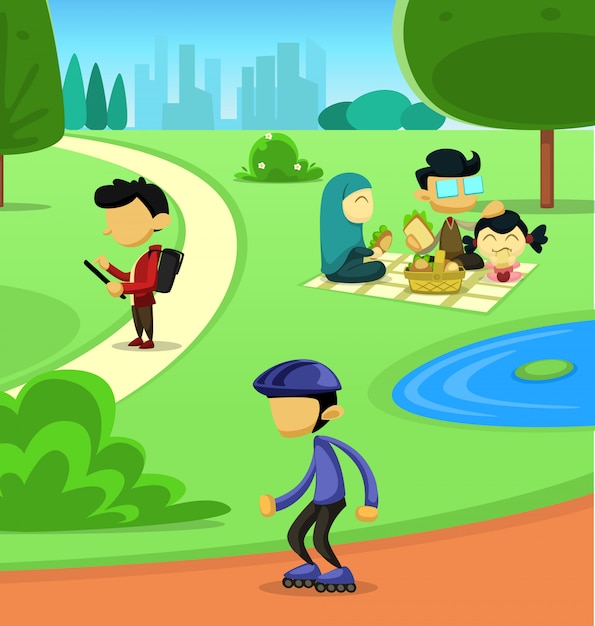 flat cartoon park family sport activity illustration