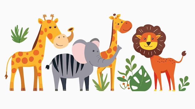 Flat Cartoon Safari Animals Isolated on White Background