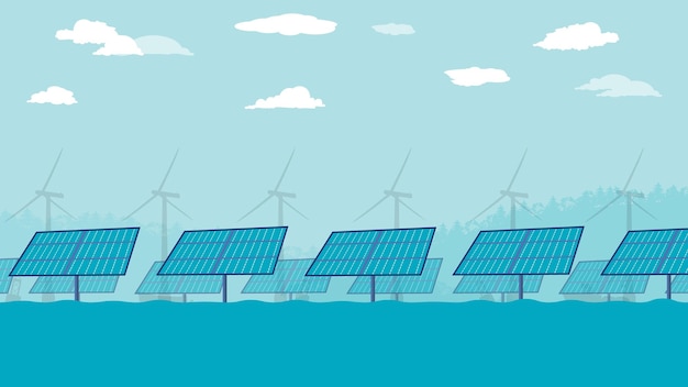 Flat cartoon side view of Offshore solar farm panels at Ocean or sea