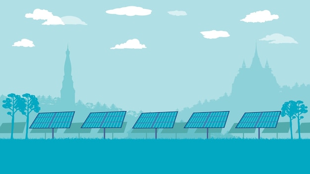 Flat cartoon side view of solar farm panels on land