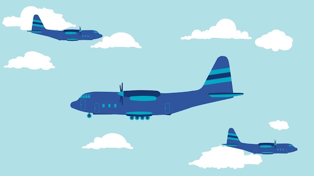 Flat cartoon side view of transport aircraft in the sky