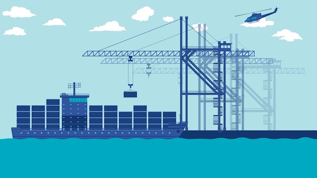 Flat cartoon side view of transport cargo sea ship loading containers and harbor crane at port