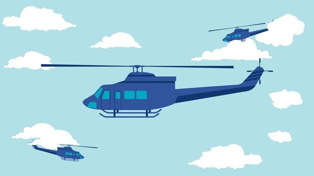 Vector flat cartoon side view of utility helicopter in the sky