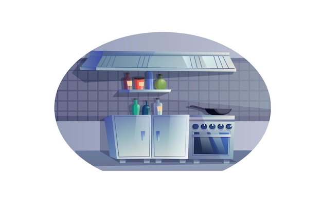 Flat cartoon stove with panovencabinet and exhaust hoodhome furniturekitchen set interior elements vector illustration concept