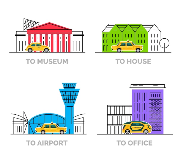 flat cartoon style destination places with yellow taxi cars