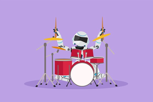 Flat cartoon style drawing robot musician playing drum instrument at music pop concert Future technology development Artificial intelligence and machine learning Graphic design vector illustration