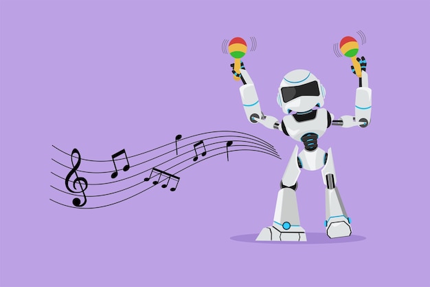 Flat cartoon style drawing robot performer with maracas musical instrument at music festival Modern robotic artificial intelligence Electronic technology industry Graphic design vector illustration