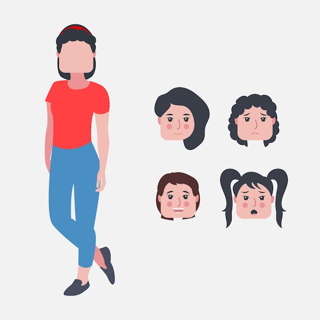 Flat cartoon style teen girl vector with different faces set