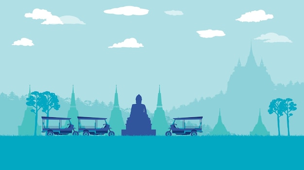 Flat cartoon of tuk tuk traditional taxi and pagoda and temple at Thailand