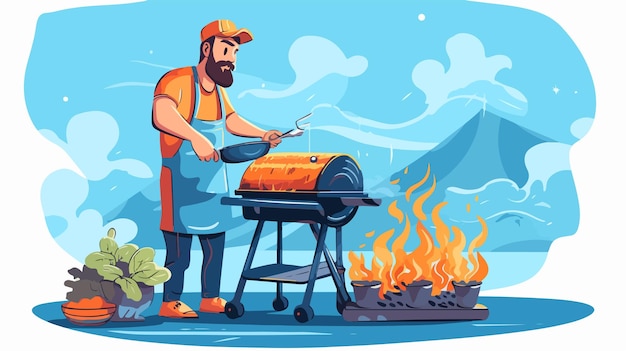 Flat Cartoon Vector Illustration of Grilling Outdoors