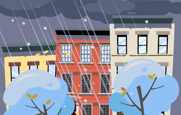 Flat cartoon vector illustration of winter snowy city street dark clouds over the roofs of houses it