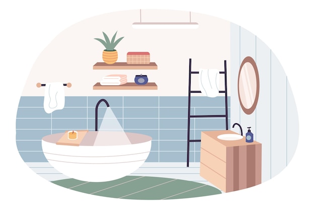 Flat cartoon vector illustration with interior bathroom and shower