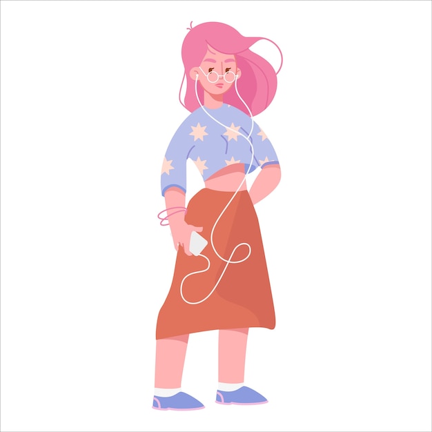 Flat cartoon young woman with smartphone, cute modern girl with pink hair in casual fashionable outfit listens to music on headphones  illustration