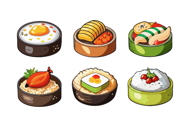 A flat cartoonstyle illustration of a sushi featuring various types of sushi