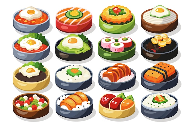 A flat cartoonstyle illustration of a sushi set featuring various types of sushi