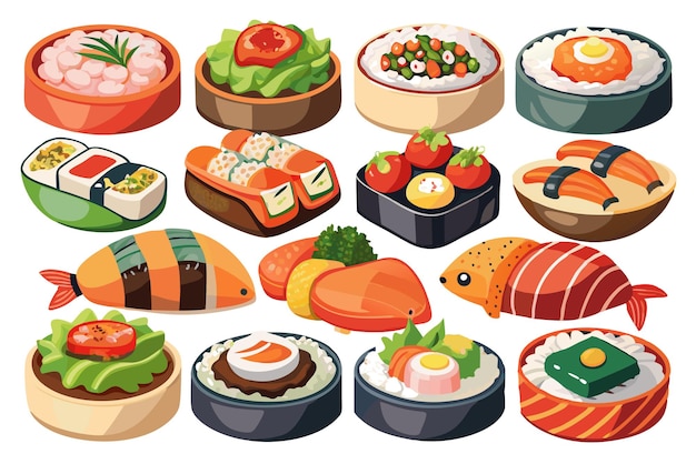 A flat cartoonstyle illustration of a sushi set featuring various types of sushi