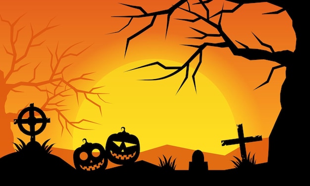 Vector flat celebration of halloween background with silhouette pumpkin and spooky tree