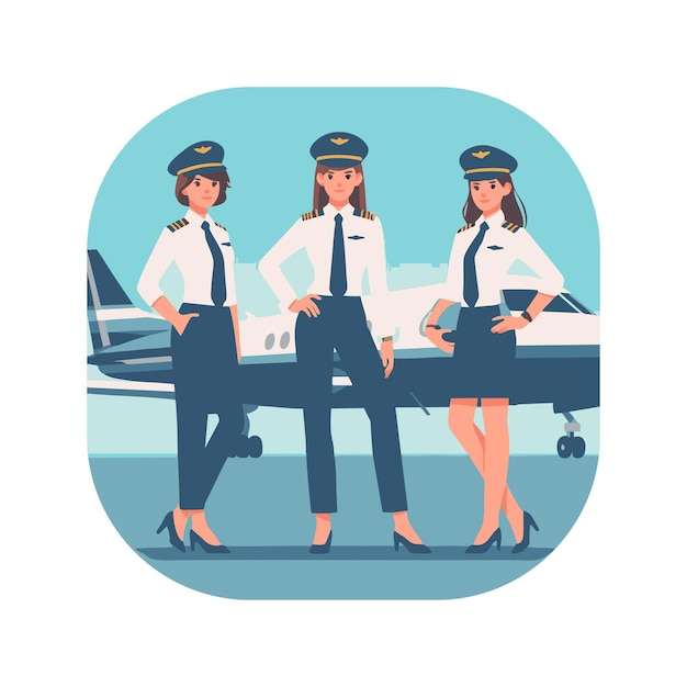 flat character design of a female airplane pilot at a modern airport