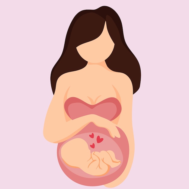 flat character of a pregnant girl in a pink swimsuit with an image of a baby in her belly