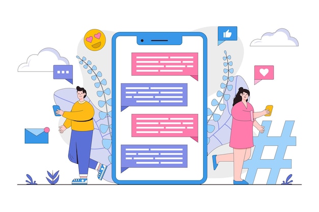 Flat chat and messages with people characters concept Outline design style minimal vector illustration for landing page web banner infographics hero images