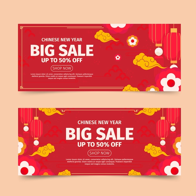 Flat chinese new year sale horizontal banners set