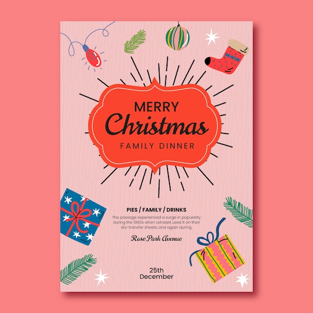 Flat christmas greeting card template with presents and ornaments