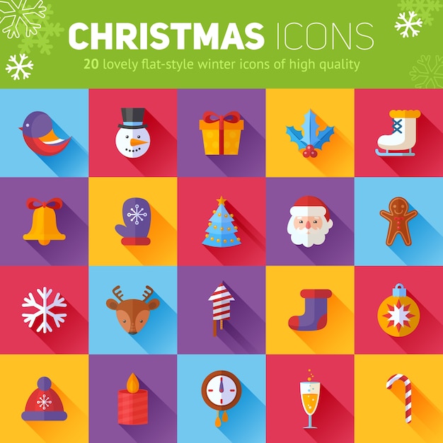 Flat Christmas and New Year icons set