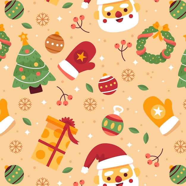 Flat christmas pattern design with santa and presents