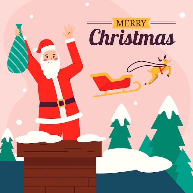 Flat christmas season illustration with santa in chimney