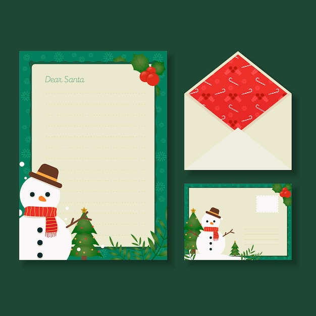 Vector flat christmas stationery template with drawn snowman