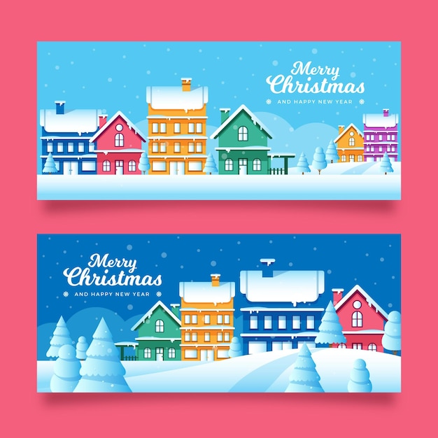 Flat christmas town banners collection