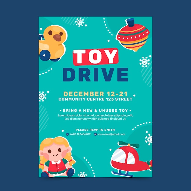 Flat christmas toy drive vertical poster template