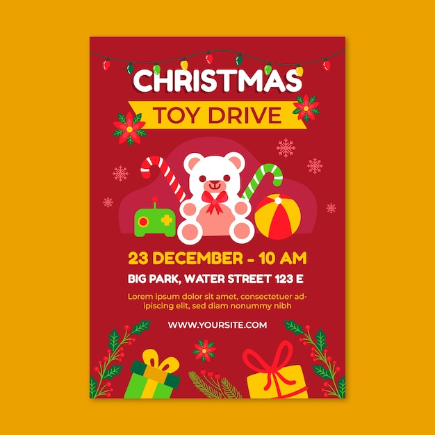 Flat christmas toy drive vertical poster template