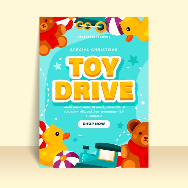 Flat christmas toy drive vertical poster template