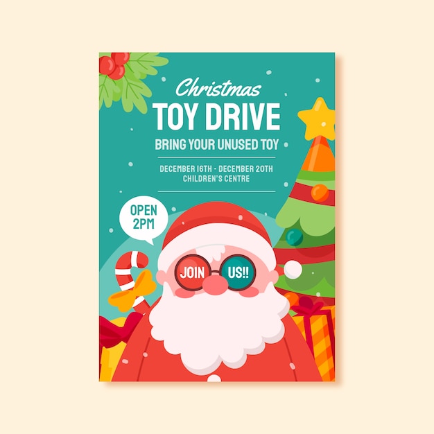 Flat christmas toy drive vertical poster template