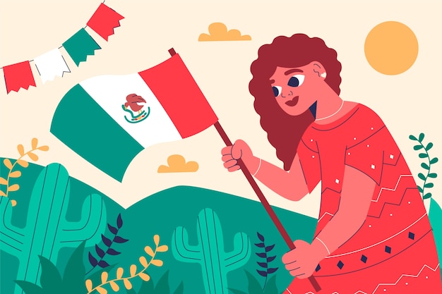 Flat cinco de mayo background with woman holding flag