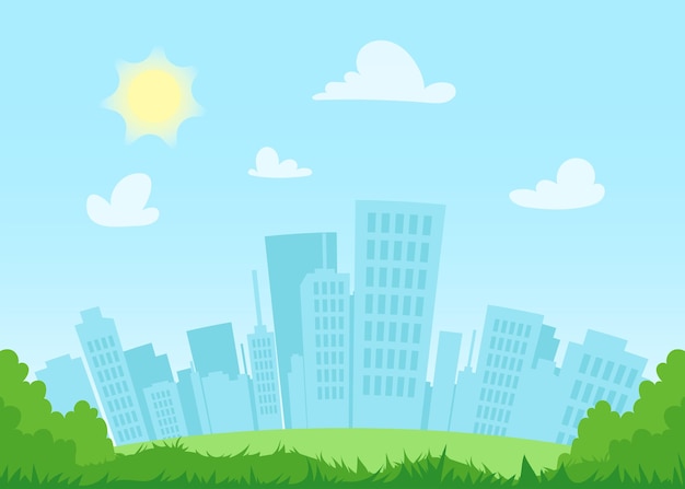 Flat cityscape at day with blue sky, white clouds and sun. Modern town skyline panoramic background.