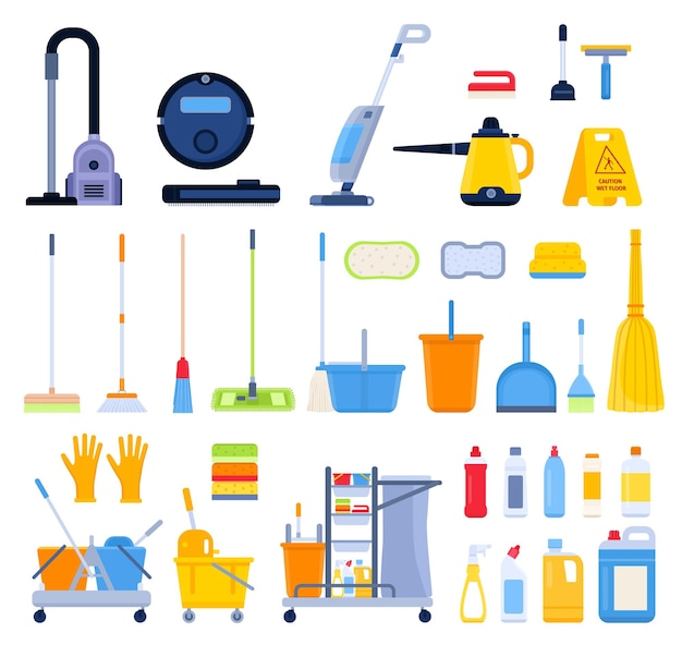 Flat cleaning tools brooms rags brushes and detergent bottles Household vacuum cleaner steam mop buckets sponges and wipes vector set Equipment and chemicals for house or office cleanup